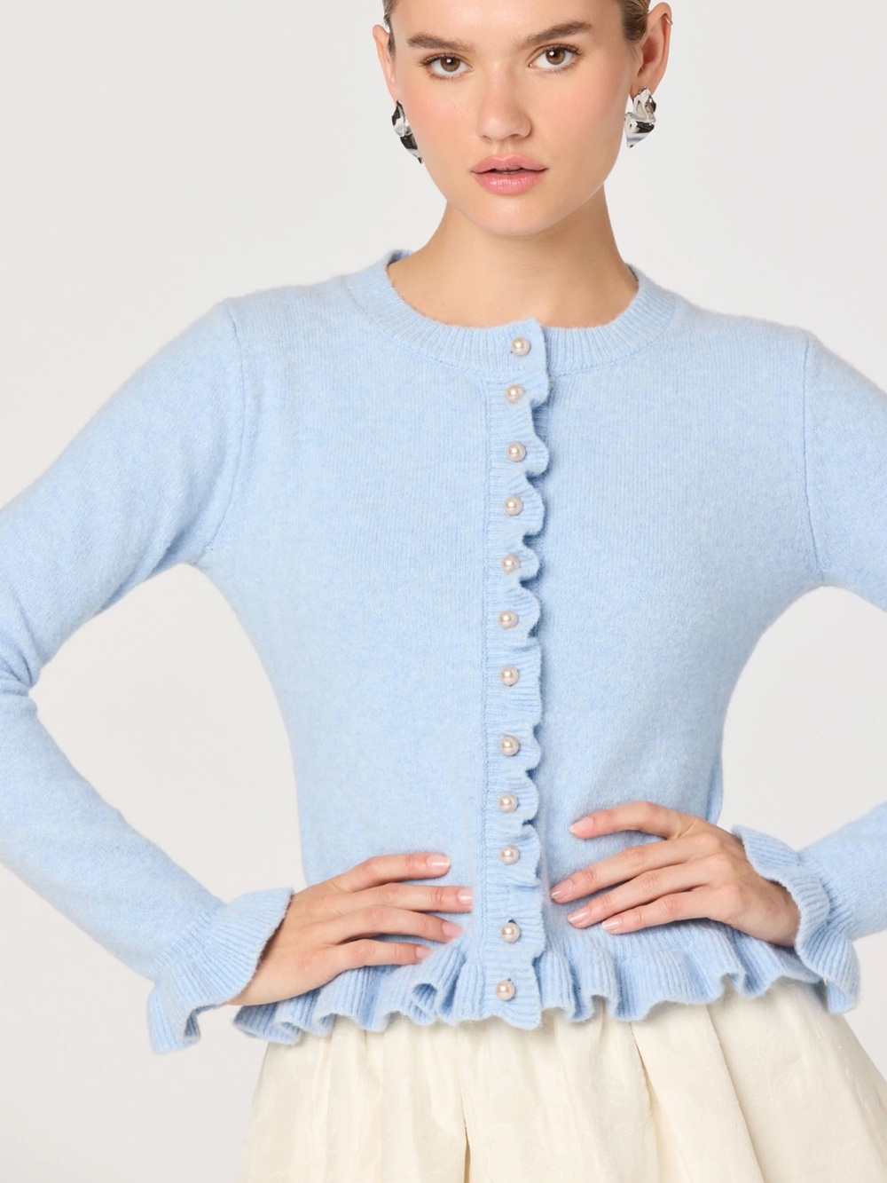 Astr Powder Blue Scalloped Ruffle Cardigan with Pearl Buttons